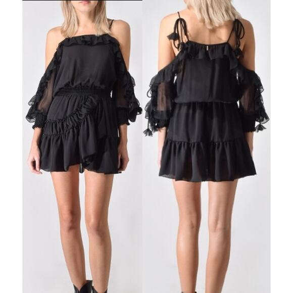 Misa Los Angeles Emelie Tie Cold Shoulder Ruffle Hem Mini Dress Black Women's M
